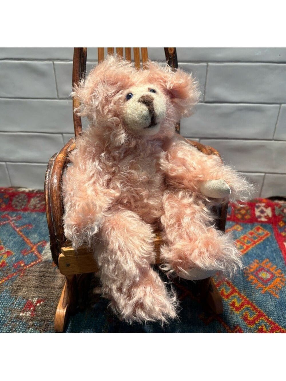 VTG CRAFTED INTERCALMOHAIR PINK ARTICULATED BEAR PULLED FELT FACE GLASS EYES 12"